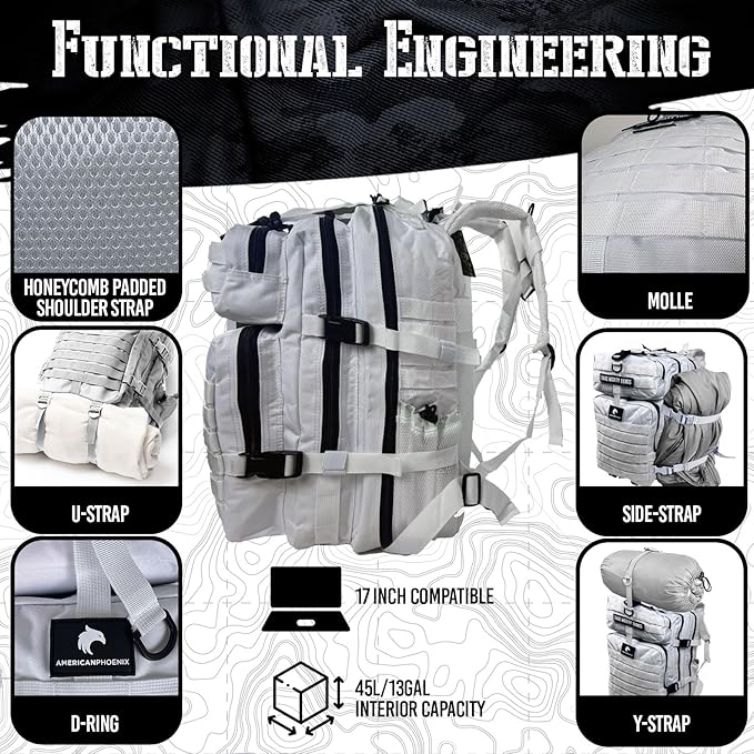 AMERICANPHOENIX 45L Elite Tactical Backpack | 3X Stronger Work &amp Military Backpack | Water Resistant and Heavy Duty | 3 Day MOLLE Bug Out Bag (Polar White)