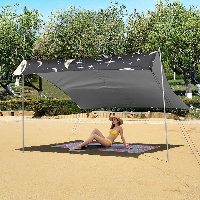 ALAZA Moon Stars Seamless on Black Beach Tent Sun Shelter Portable Canopy Sunshade for Outdoor Camping Picnics Backyard Fun 10x9 ft