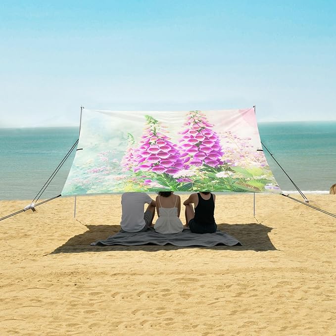 Beach Canopy with Windproof Ropes &amp Sandbags Beach Tent Sun Shade Sun Shelter for Camping Trips Fishing Backyard Fun or Picnics Purple Flower