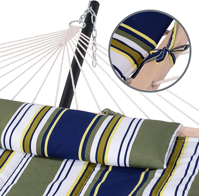 SUNCREAT Hammocks Double Outdoor Hammock with Stand Cotton Rope Two Person Hammock with Polyester Pad &amp Large Pillow Blue&amp Gray