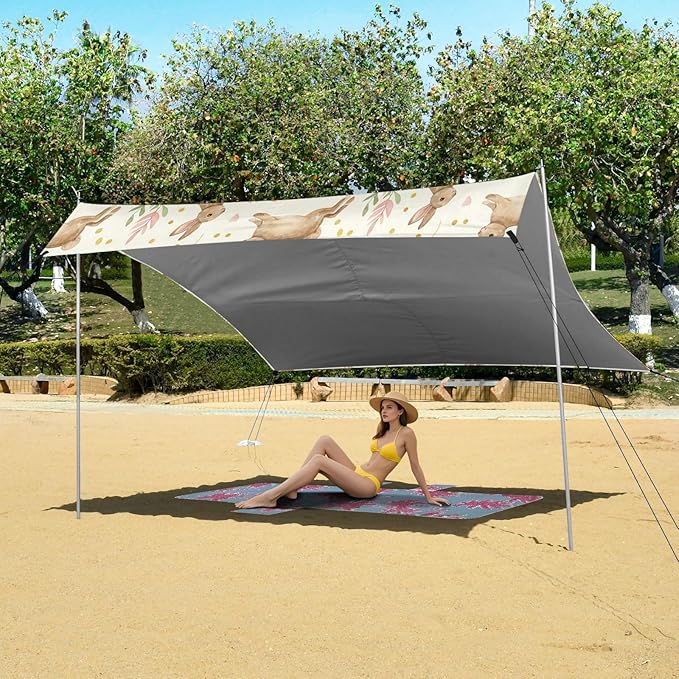 xigua Easter Bunny Beach Tent Sun Shelter with Carrying Bag - Silver Coated Oxford Fabric Beach Canopy for Beach Camping Fishing - Includes Windproof Ropes Sandbags &amp Stakes