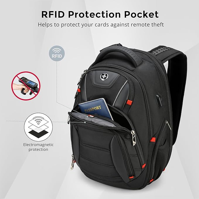 Swissdigital Design Travel Backpack for men with Apple Find My TSA Friendly USB Charging RFID Protection Business Backpack Fits 15.6 Laptops Black | J149508F-BR