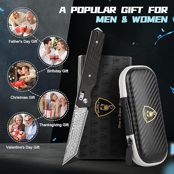 AUBEY Damascus Axis Lock Pocket Knife 3.46 Tanto Blade Crossbar Lock Folding Knives with Clip for Men Women Aluminum Handle with Glass Breaker for EDC Camping Gift