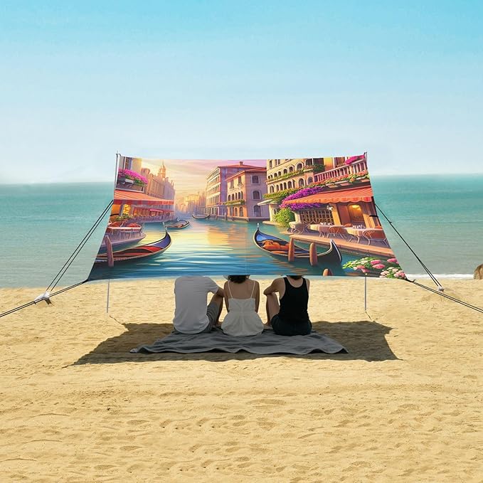 Beach Canopy with Windproof Ropes &amp Sandbags Beach Tent Sun Shade Sun Shelter for Camping Trips Fishing Backyard Fun or Picnics Venice Pattern
