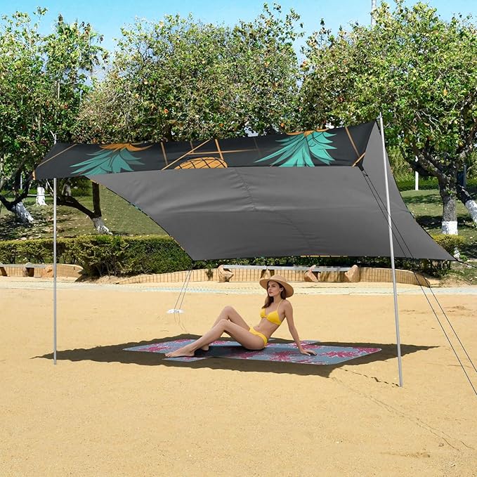 ALAZA Pineapples Geometric on Black Beach Tent Sun Shelter Portable Canopy Sunshade for Outdoor Camping Picnics Backyard Fun 10x9 ft