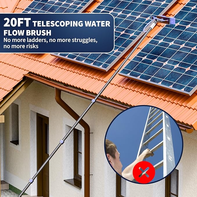 20FT Water Fed Solar Panel Cleaning Kit Telescopic Solar Panel Cleaning Brush with Extension Pole &amp Soap Dispenser for Household &amp Outdoor
