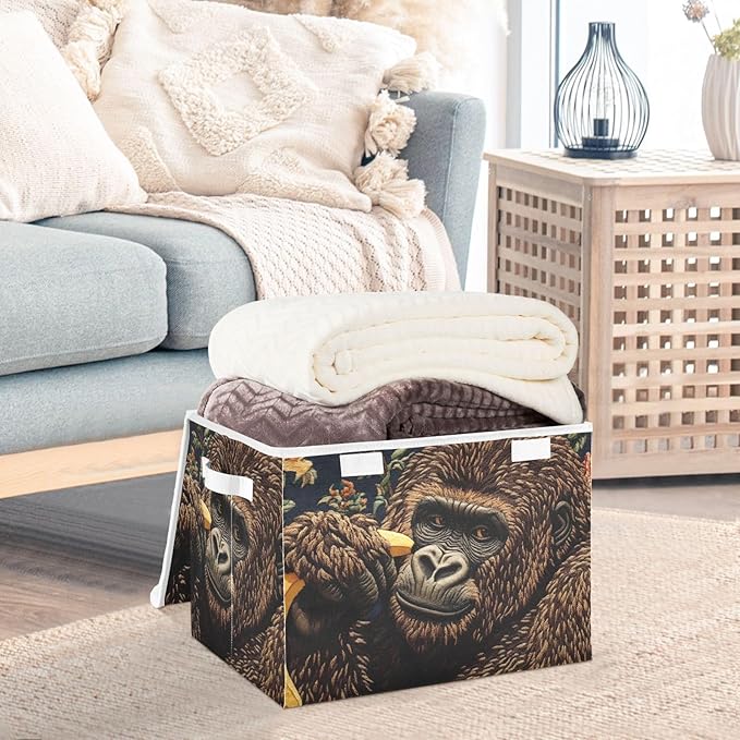 Storage Cube with Lid Gorilla with Banana Print 16.5×12.6×11.8 IN Collapsible Large Capacity Foldable Storage Basket Bin Organizer