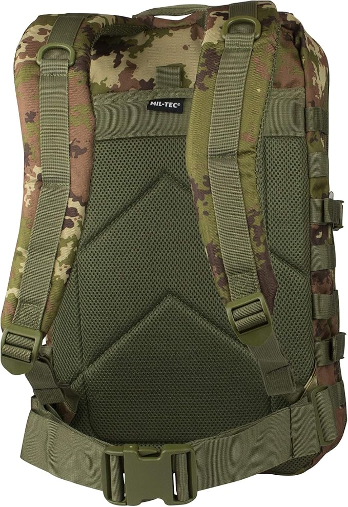 Mil-Tec Unisex Assault Pack - Rugged Durable Lightweight Ergonomic Versatile Tactical Outdoor Camping Hiking Backpack with Adjustable Padded Shoulder Straps &amp MOLLE Loops Vegetato Woodland Camo