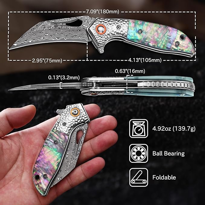 Damascus Pocket Knife for Women 2.95 Sharp Damascus Steel Blade Abalone Shell Handle EDC Folding Knives for Camping Hiking