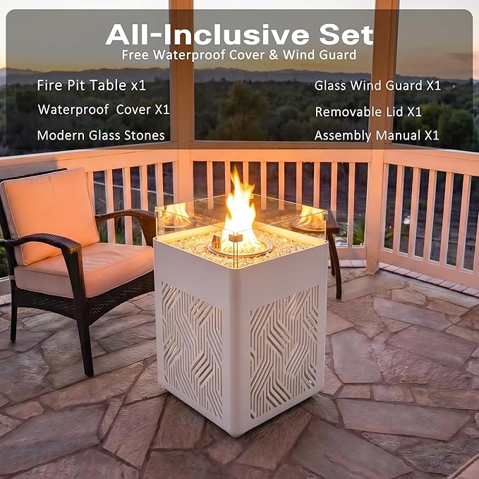 18 Aluminum Propane Fire Pit Table with 45000 BTU Square Outdoor Gas Fire Table with Glass Wind Guard Glass Stones &amp Waterproof Cover Patio Fire Table for Balcony Backyard Porch White
