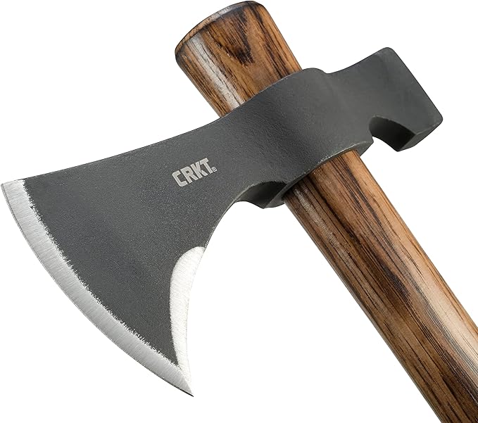 CRKT Black Woods Chogan T-Hawk Outdoor Survival Tomahawk: 1055 Carbon Steel Plain Edge Blade Tennessee Hickory Handle with Leather Sheath 2730KS
