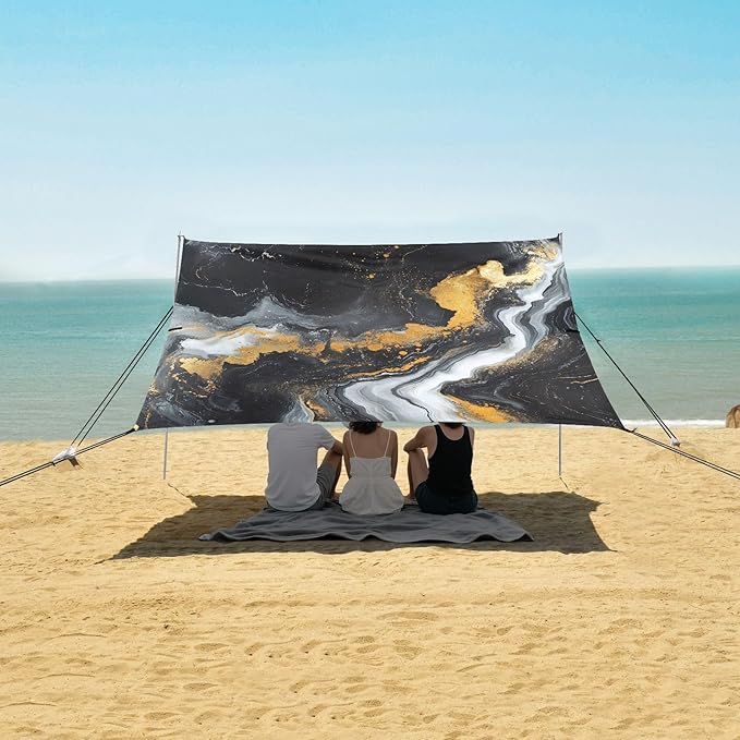 ALAZA Black Marble with Hints of White and Gold Pattern Beach Tent Sun Shelter Portable Canopy Sunshade for Outdoor Camping Picnics Backyard Fun 10x9 ft