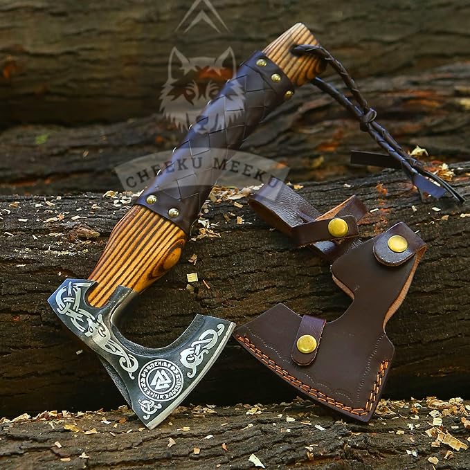 Custom Handmade Carbon Steel Real Viking Axe HatchetCamping Axe Birthday Gift for him Leather Wrapped Handle and Leather Sheath ((FM 24))