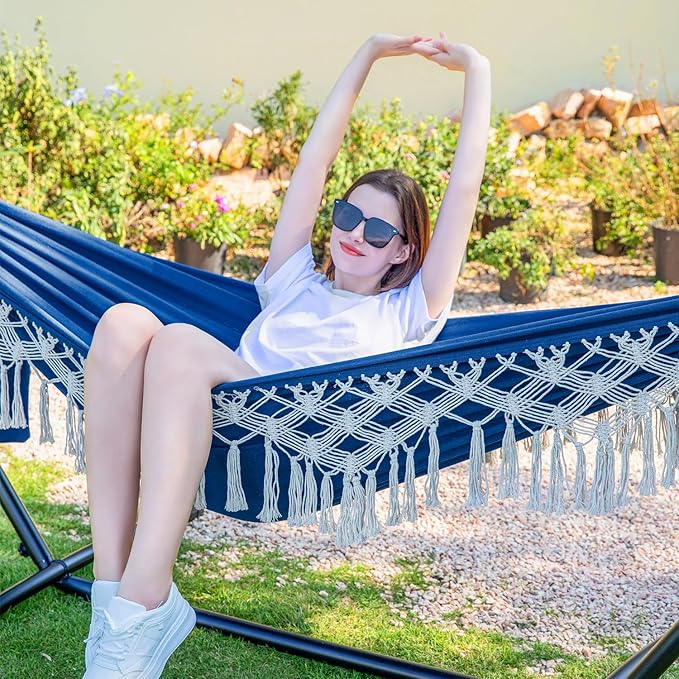 PNAEUT Handmade Tassel Hammocks Double Hammock with Stand for Outside Indoor Outdoor Max 450 lbs Capacity Pillow &amp Storage Bag (Navy)