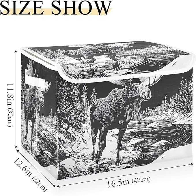 Sketch Moose Storage Cube Bins Basket with Lid Collapsible Flip-top Fabric with Handle for Home Bedroom Closet Office 16.5×12.6×11.8 in