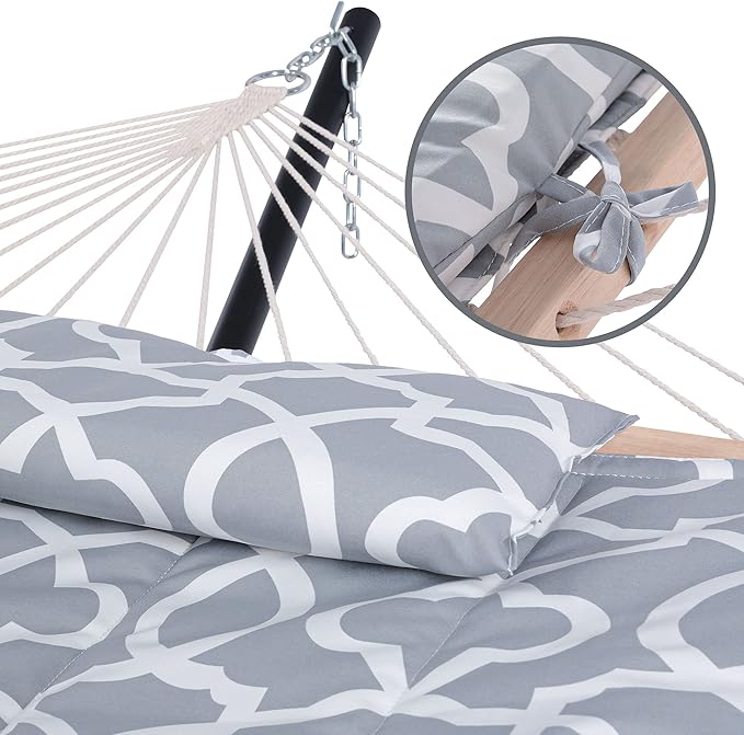 SUNCREAT Outdoor Double Hammock with Stand Two Person Cotton Rope Hammock with Polyester Pad Circle Pattern