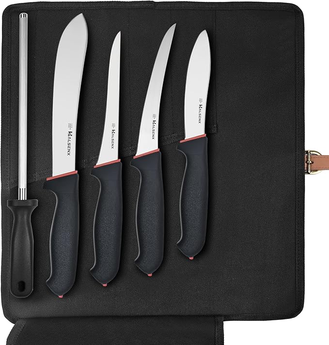 6PCS Professional Butcher Knife Set with Softgrip 8 Butcher 6 Semi-Flex/Stiff Boning 5 Skinning 8 Sharpener Rod &amp Knife Roll Bag for Home Kitchen Camping Hunting