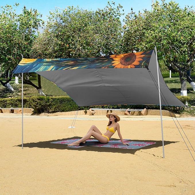 ALAZA Starry Sky Sunflowers Gogh Beach Tent Sun Shelter UPF50+ Protection Beach Shade Canopy w/ 4 Sandbags for Outdoor Camping Fishing Backyard Fun Picnic 10x9 ft