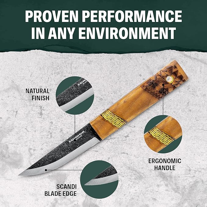 Condor Tool &amp Knife Indigenous Puukko Knife - 1095 High Carbon Steel - Hand Crafted Welted Leather Sheath - Polynesian and Sami Designed Walnut Handle - 3.9in Blade - 4.6oz (3mm)