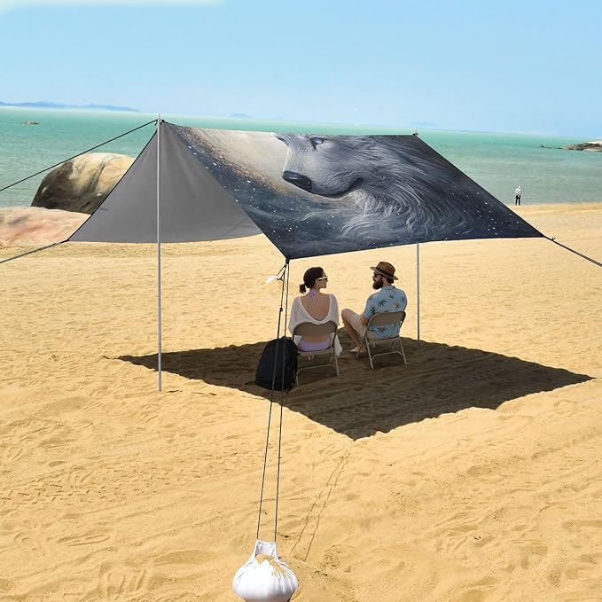 ALAZA White Wolf Moon Beach Tent Sun Shelter Portable Canopy Sunshade for Outdoor Camping Picnics Backyard Fun 10x9 ft