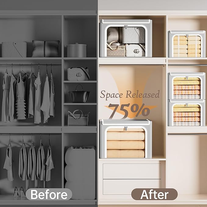 Yecaye Clothes Storage Bins with Metal Frame 40L Foldable Clothing Storage Bins with Lid Stackable Zippered Clothes Storage Bags Oxford Fabric Organizer Box With Clear Window＆ PU Leather Handles