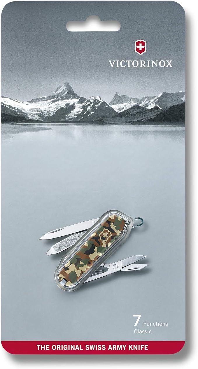 Victorinox Classic Swiss Army Pocket Knife Small Multi Tool Camping 7 Functions Blade small Nail file Screwdriver 2.5 mm Camouflage