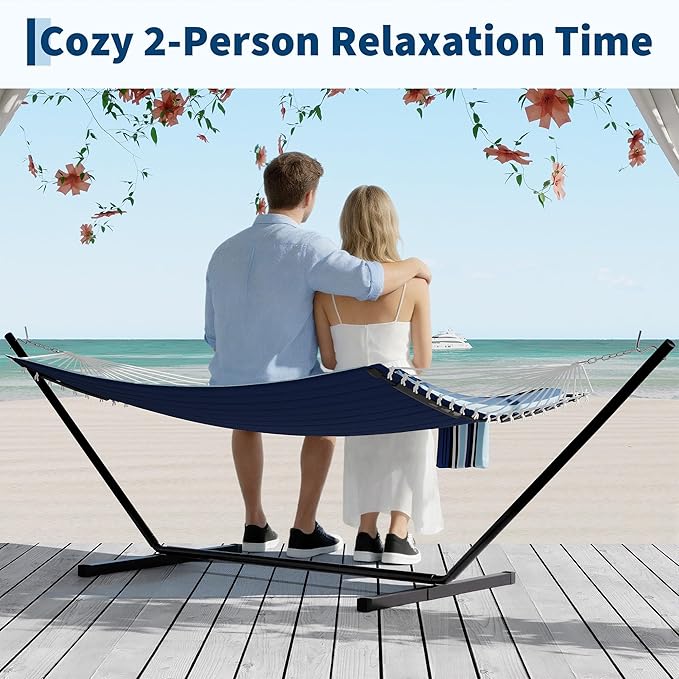 12 FT Double Quilted Fabric Hammock with Spreader Bar &amp Detachable Pillow 450 LBS Capacity 2 Person Hammock Indoor Outdoor for Patio Backyard Poolside Garden