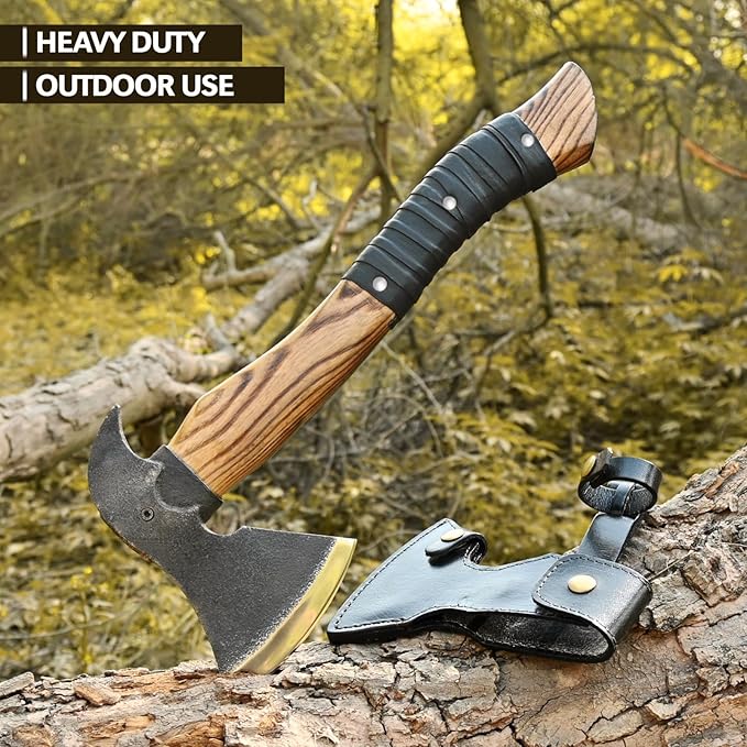 14” Hatchet Axe Camping Hatchet Hand Forged Axe with Sheath for Wood Chopping Splitting &amp Carving Bushcraft Axe with Ash Wood Handle for Outdoor &amp Survival