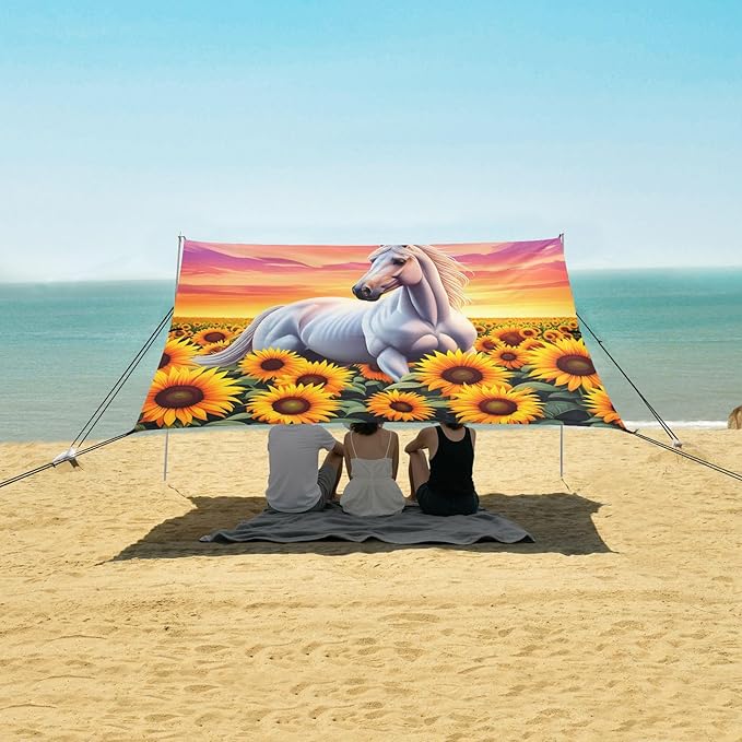 xigua Horse Beach Tent Sun Shelter with Carrying Bag - Silver Coated Oxford Fabric Beach Canopy for Beach Camping Fishing - Includes Windproof Ropes Sandbags &amp Stakes