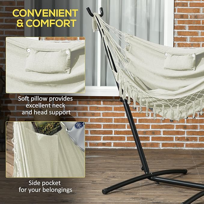 Outdoor Hammock Chair with Stand Patio Swing Hanging Chair with Pillow and Side Pocket 330 lbs Capacity Steel Frame Lounge Chair for Garden Balcony Cream White