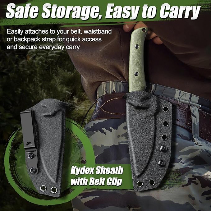 Purple Dragon Fixed Blade Knife - Full Tang Hunting Knife Forged from a Single Piece of D2 Steel - Camping Knives with G10 Handle and Kydex Sheath - Outdoor Gift for Men - Green
