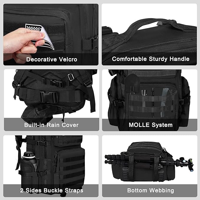 Military Tactical Backpack with Hidden Rain Cover 50L MOLLE Army Backpack for Men 3-Day Assault Rucksack for Trekking Heavy Duty Waterproof Pack Bag for Camping Hiking - Khaki