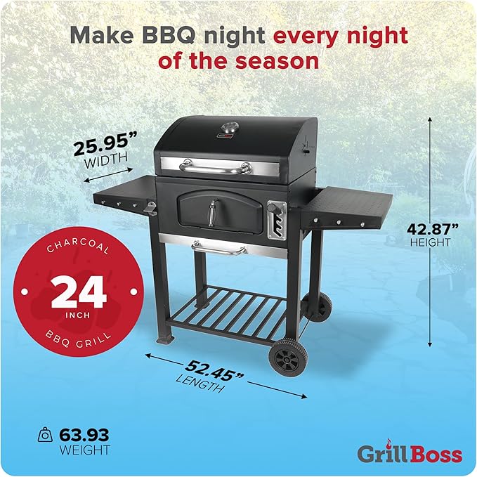 Grill Boss 24 Inch Charcoal BBQ Grill with Side Shelves Built-In Thermometer Black