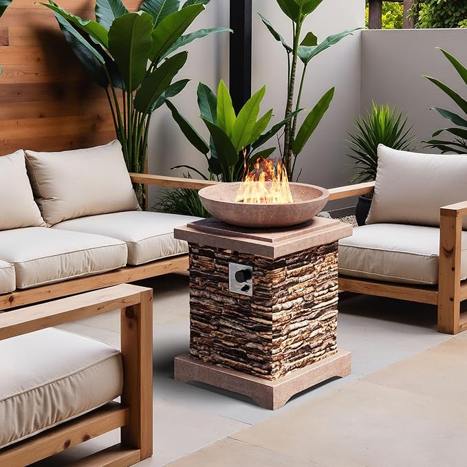 SUNBURY Outdoor Propane Fire Pit Gas Fire Pit for Outside Patio Stone Outdoor Fire Table Fire Column 40000 BTU Propane Fire Tables Firepit Table w Lava Rocks CSA Certified Waterproof Cover