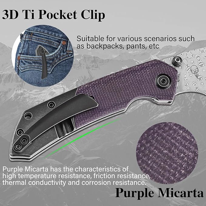 KANSEPT Fenrir Pocket Knife 3.48 Damascus Harpoon Blade Blackwash Titanium Handle Purple Micarta Inlay Thumb Stud &amp Liner Lock with Deep Clip EDC Knives for Camping Hunting Survival K1034Z2