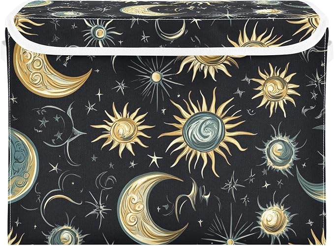 Storage Bins with Lids Storage Containers Box Organizer Bin Basket with Handles for Closet Shelves Clothes Stackable Foldable Decorative Star Moon Sun Constellation Black