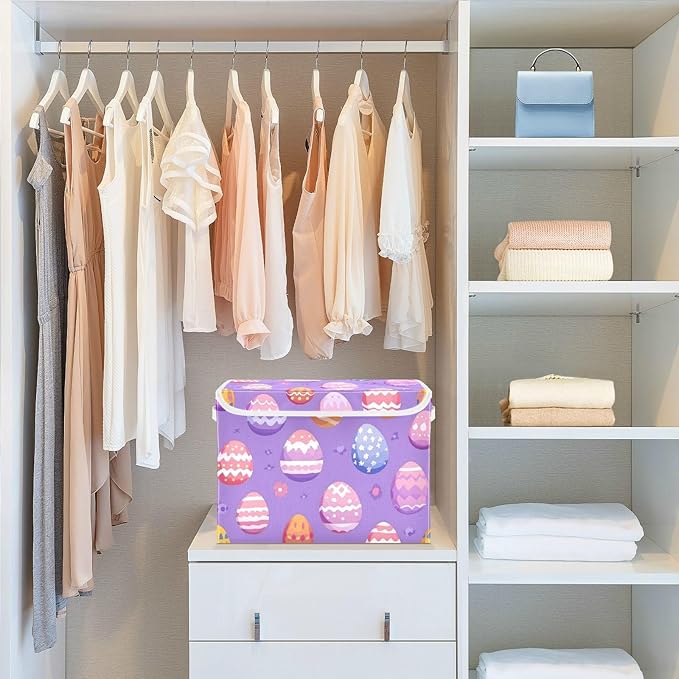 Collapsible Storage Bins with Lids Decorative Fabric Storage Cubes Closet Organizer and Storage Basket Boxes Containers for Clothes Box Chest Nursery Folding Rectangle Purple Easter Eggs