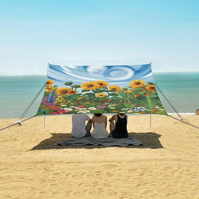 Beach Canopy with Windproof Ropes &amp Sandbags Beach Tent Sun Shade Sun Shelter for Camping Trips Fishing Backyard Fun or Picnics Sunflowers