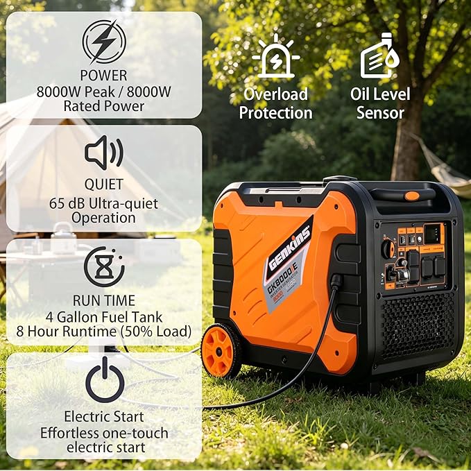 Genkins Inverter Generator 8000W Outdoor Portable Generators Gas Powered Super Quiet with Parallel Capability Electric Start Ideal for Home Backup RV Camping Travel