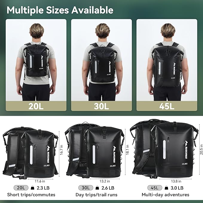 MARCHWAY Roll Top Waterproof Backpack Floating Dry Bag 20L/30L/45L with Ergonomic Rectangular Base Cushioned Back Hip Strap for Hiking Camping Kayaking Travel (Black 20L)