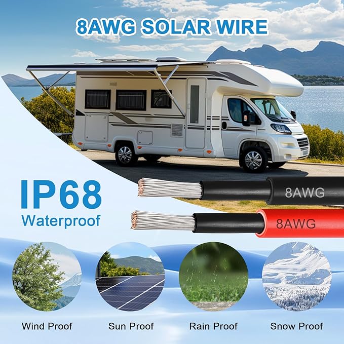 Solar Panel Wire 8 AWG - Solar Extension Cable 100Ft Black &amp 100Ft Red 8 Gauge Tinned Copper PV Wire for Outdoor Automotive RV Solar Panel Boat Marine (Black+Red)