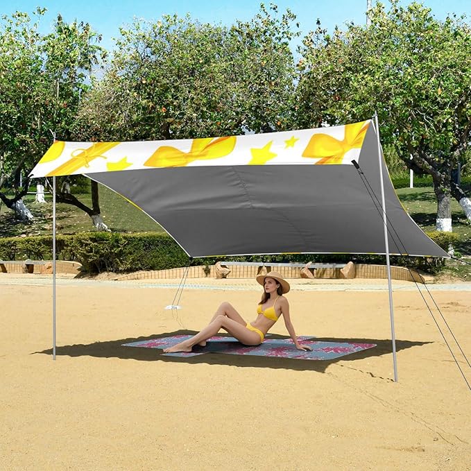 xigua Bow Tie Beach Tent Sun Shelter with Carrying Bag - Silver Coated Oxford Fabric Beach Canopy for Beach Camping Fishing - Includes Windproof Ropes Sandbags &amp Stakes