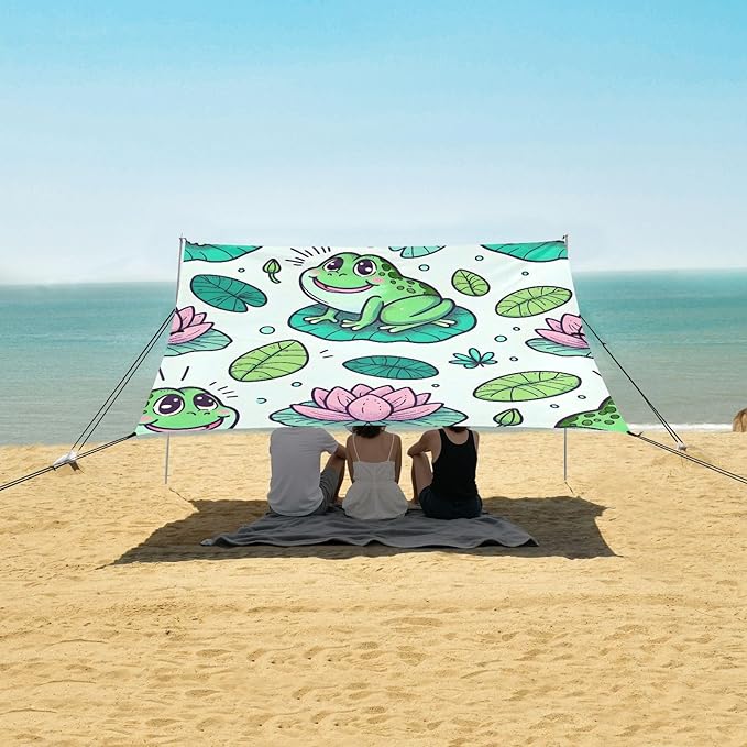 Fat Frogs in Pond Beach Tent Sun Shelter Set UPF50+ UV Protection 10.5 x 9.19 FT Camping Shade Canopy with Sandbags Sand Anchors Carrying Bag and Others