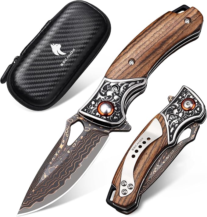 Damascus Pocket Knife Sharp 2.76 Copper Damascus Steel Blade and Wooden Handle Folding Knives for EDC Outdoor Camping Hiking Collection