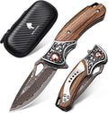 Damascus Pocket Knife Sharp 2.76 Copper Damascus Steel Blade and Wooden Handle Folding Knives for EDC Outdoor Camping Hiking Collection