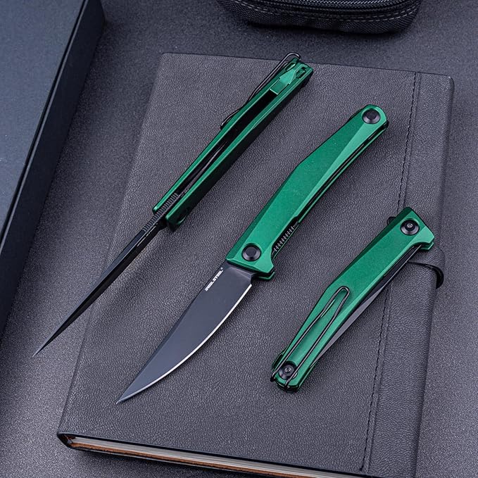 Real Steel Teres lightweight EDC Flipper Knife 3.11'' Nitro-V ‎Black PVD Hollow-Ground BladeAluminum HandleLiner Lock Knife Gentleman's Knife with Pocket ClipHunting Camping Hiking Fishing Knife