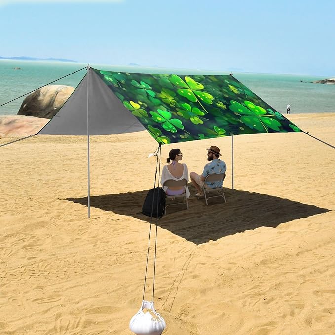 St Patrick's Day Clovers Beach Tent Sun Shelter Set UPF50+ UV Protection 10.5 x 9.19 FT Camping Shade Canopy with Sandbags Sand Anchors Carrying Bag and Others