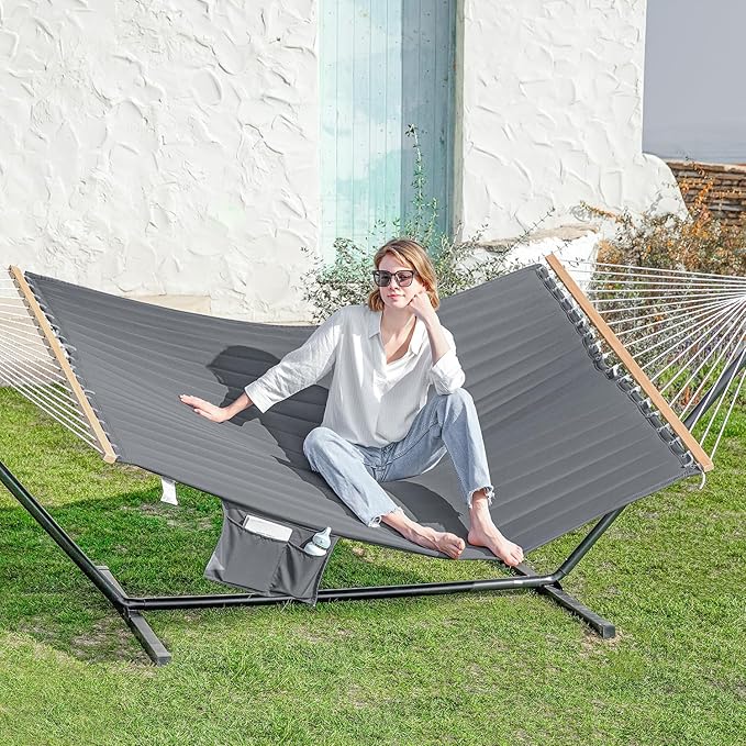 GAFETE 2 Person Hammock with Stand for Outside Heavy Duty Steel Stand 55inch Double Hammocks Large Removable Pillow Storage Bags Max 475 lbs Capacity (Haze Gray)