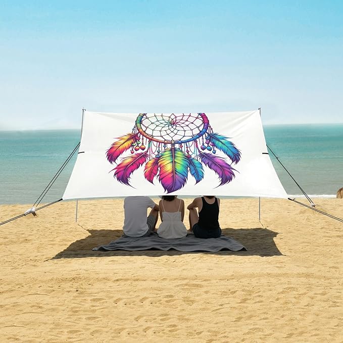 ALAZA Rainbow Dreamcatcher Beach Tent Sun Shelter UPF50+ Protection Beach Shade Canopy w/ 4 Sandbags for Outdoor Camping Fishing Backyard Fun Picnic 10x9 ft