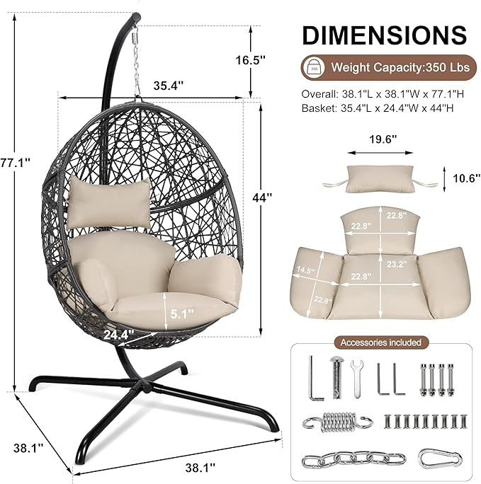 NICESOUL Bird Cage Swing Egg Chair UV/Water-Resistant 450lbs Capacity Wicker Swinging Chairs with Stand Comfy Oversized Hanging Seat w/Cushion Metal Frame &amp Cover for Indoor Outdoor Grey &amp